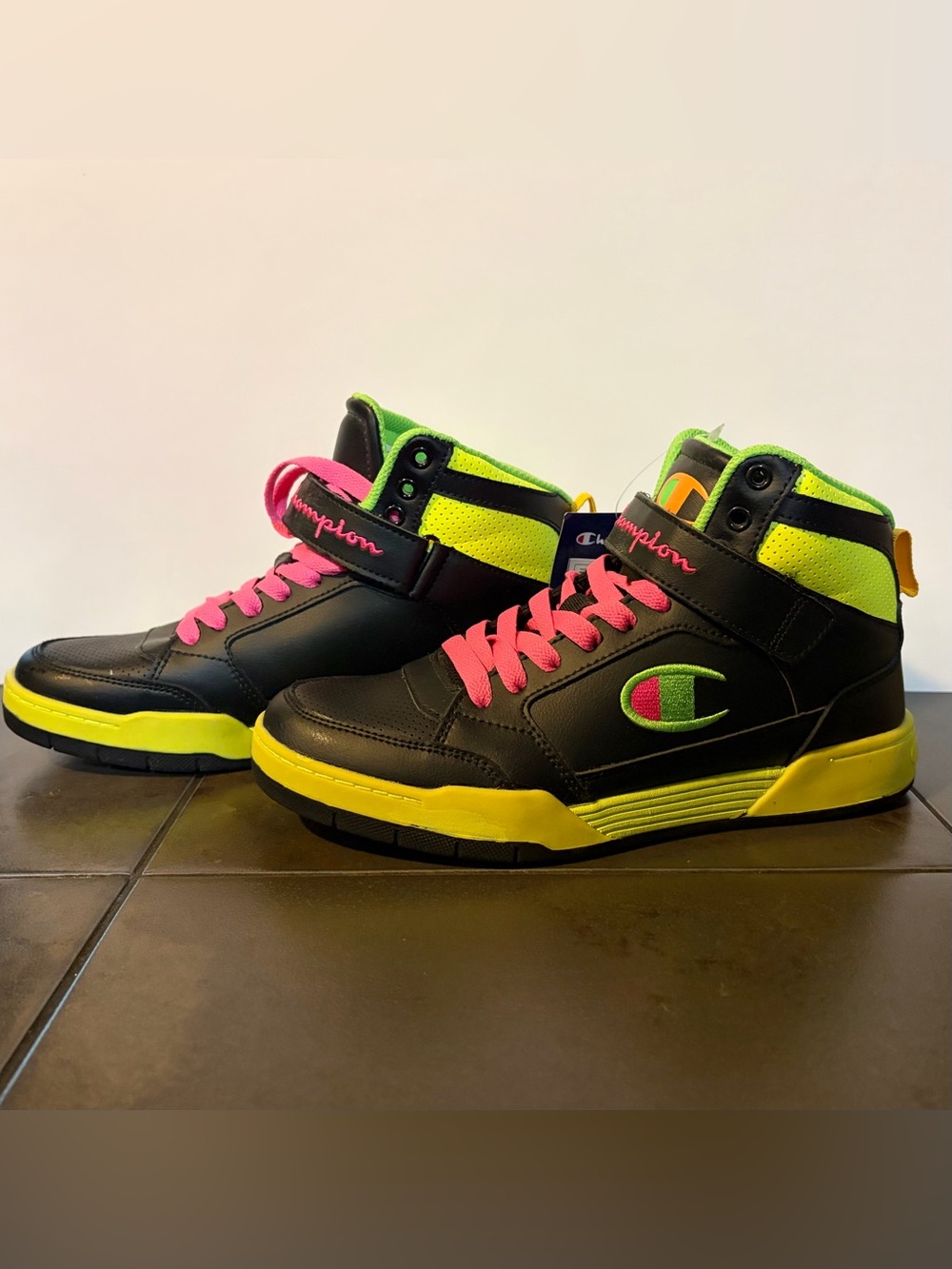 NWT Champion Womens High-Top Sneakers - Black, Neon Yellow & Hot Pink Size 8.5